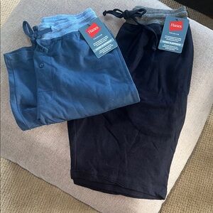 Hanes Men's navy and lighter blue sleep shorts.